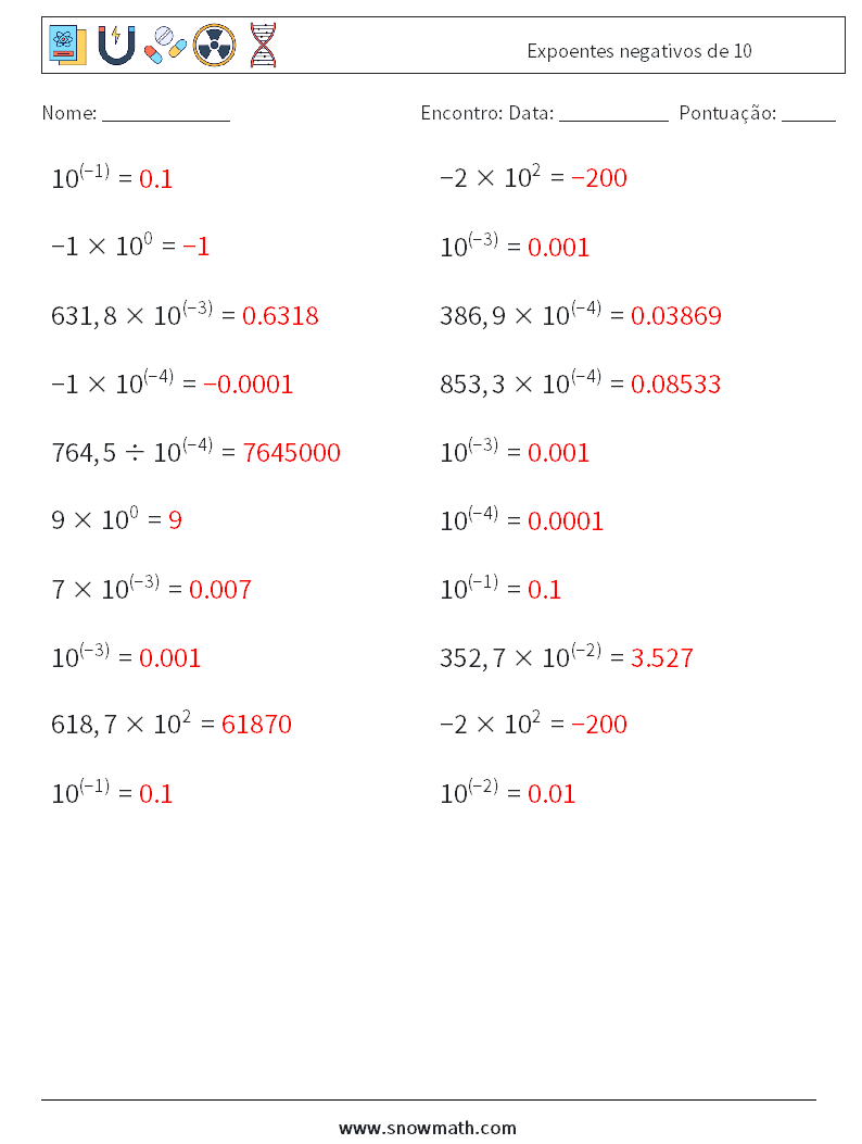 Expoentes negativos de 10 planilhas matemáticas 3 Pergunta, Resposta