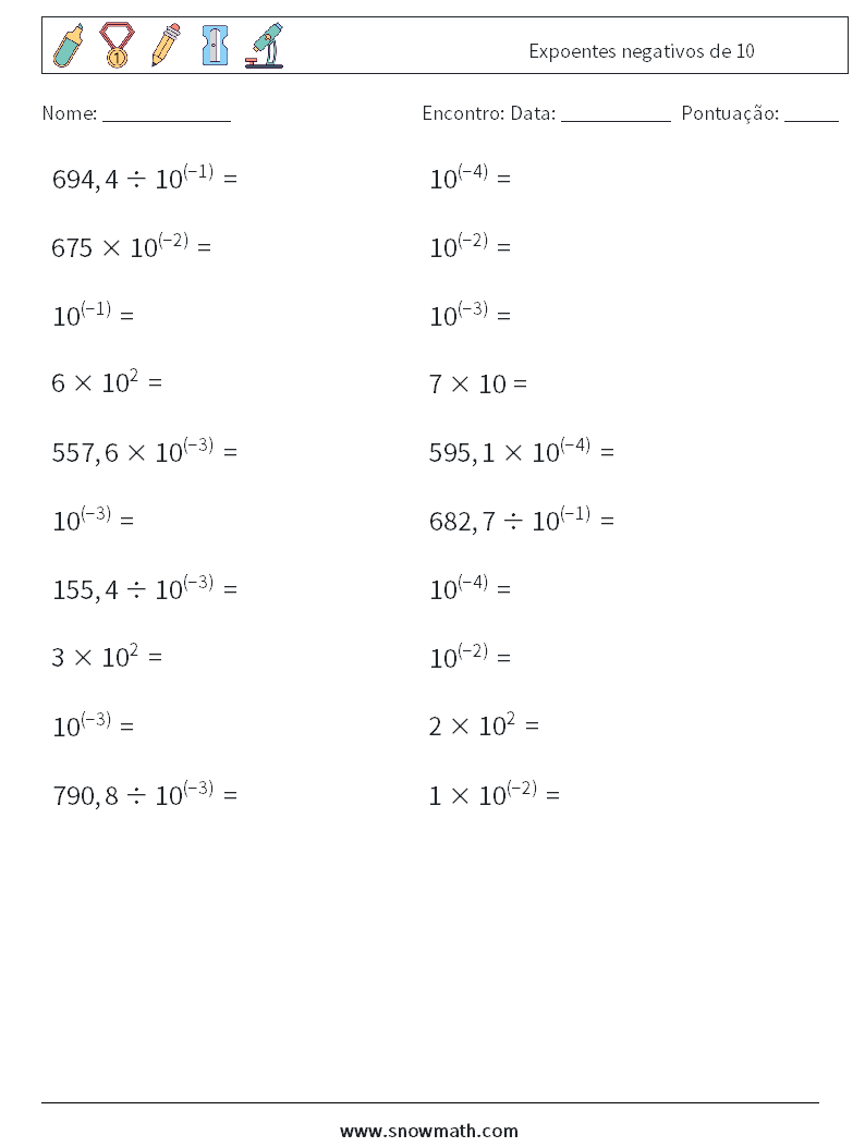 Expoentes negativos de 10 planilhas matemáticas 4