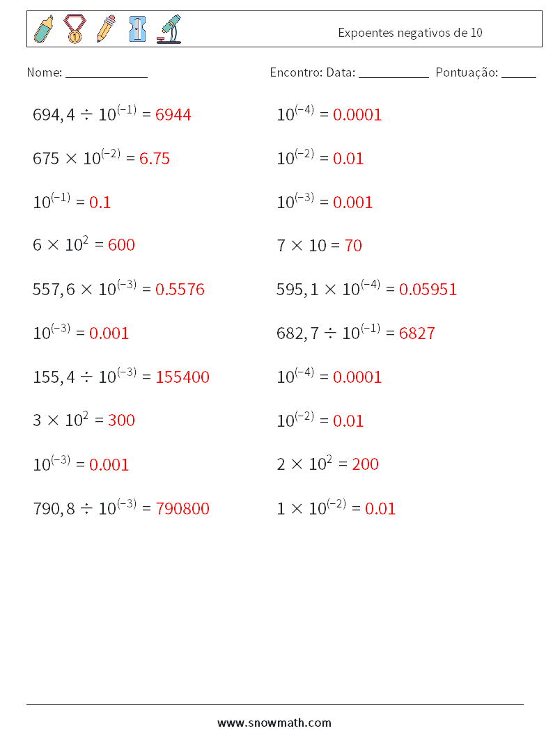 Expoentes negativos de 10 planilhas matemáticas 4 Pergunta, Resposta