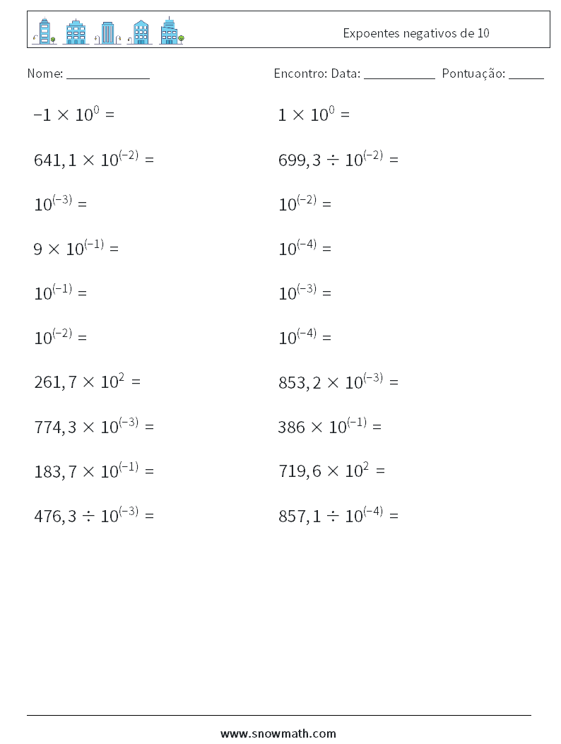 Expoentes negativos de 10 planilhas matemáticas 5