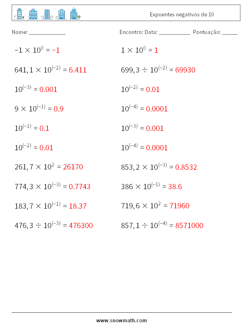 Expoentes negativos de 10 planilhas matemáticas 5 Pergunta, Resposta