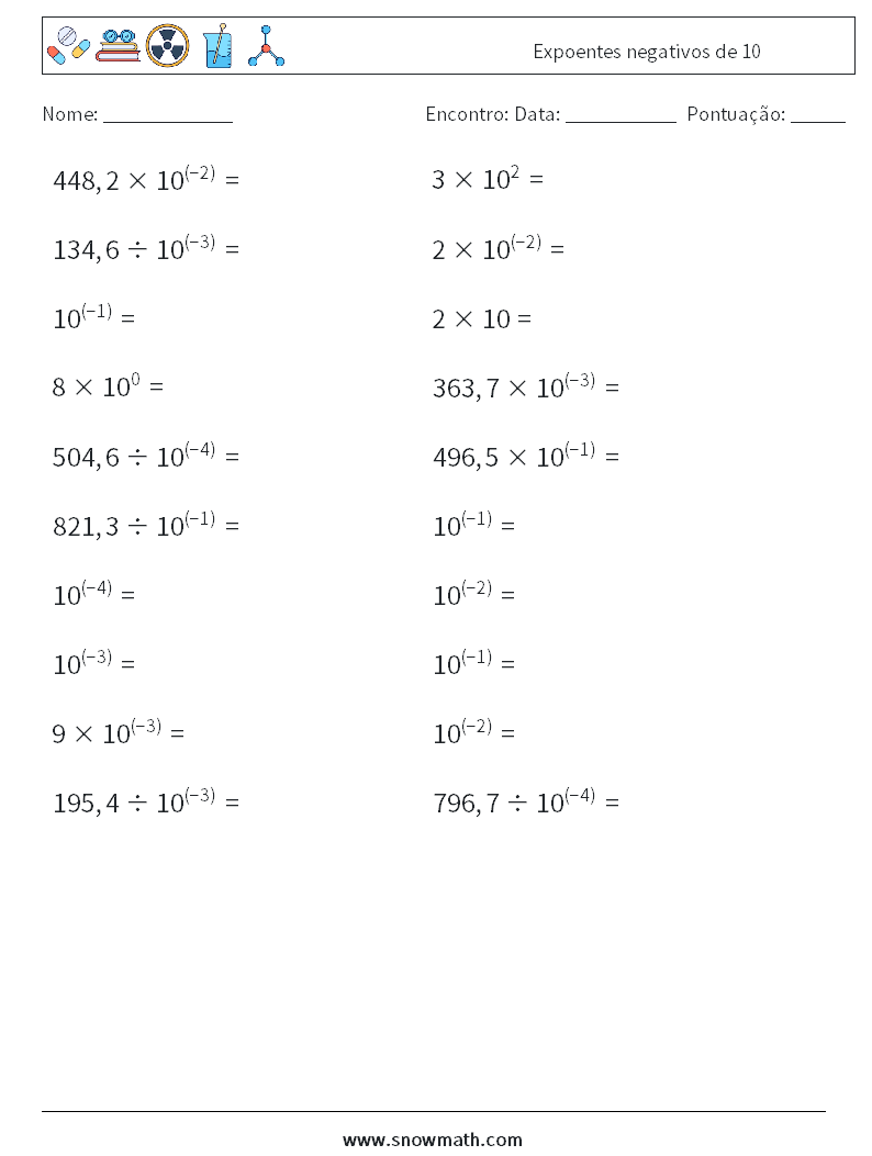 Expoentes negativos de 10 planilhas matemáticas 6