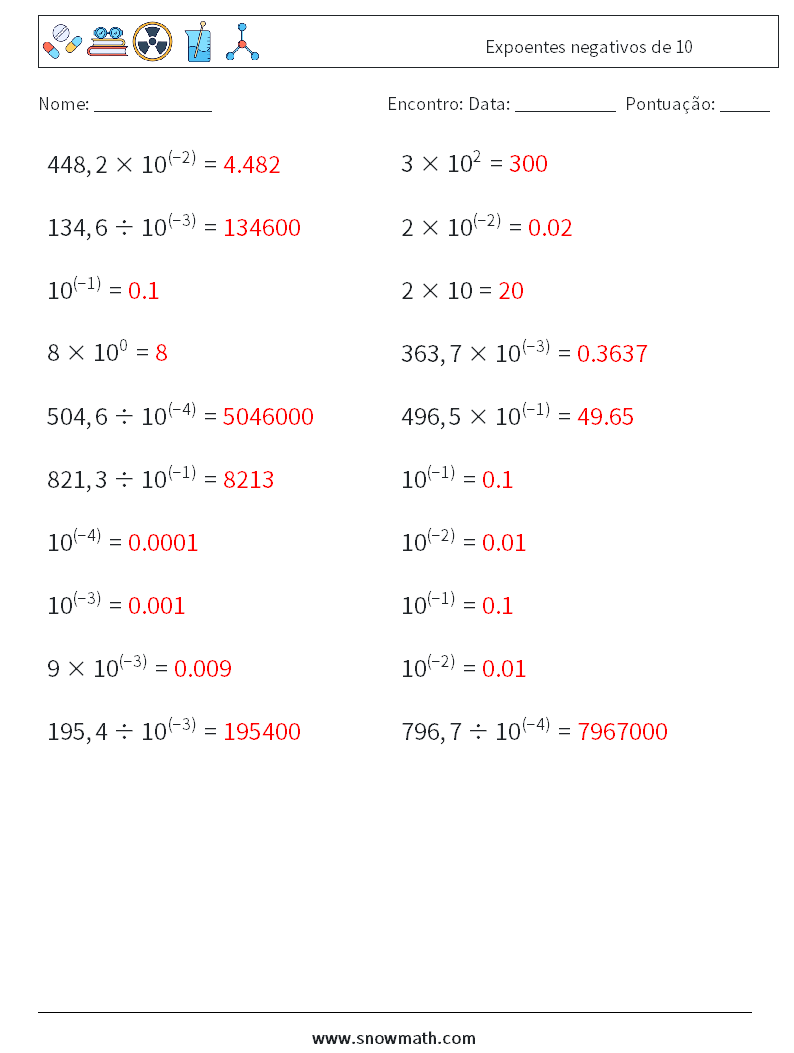 Expoentes negativos de 10 planilhas matemáticas 6 Pergunta, Resposta