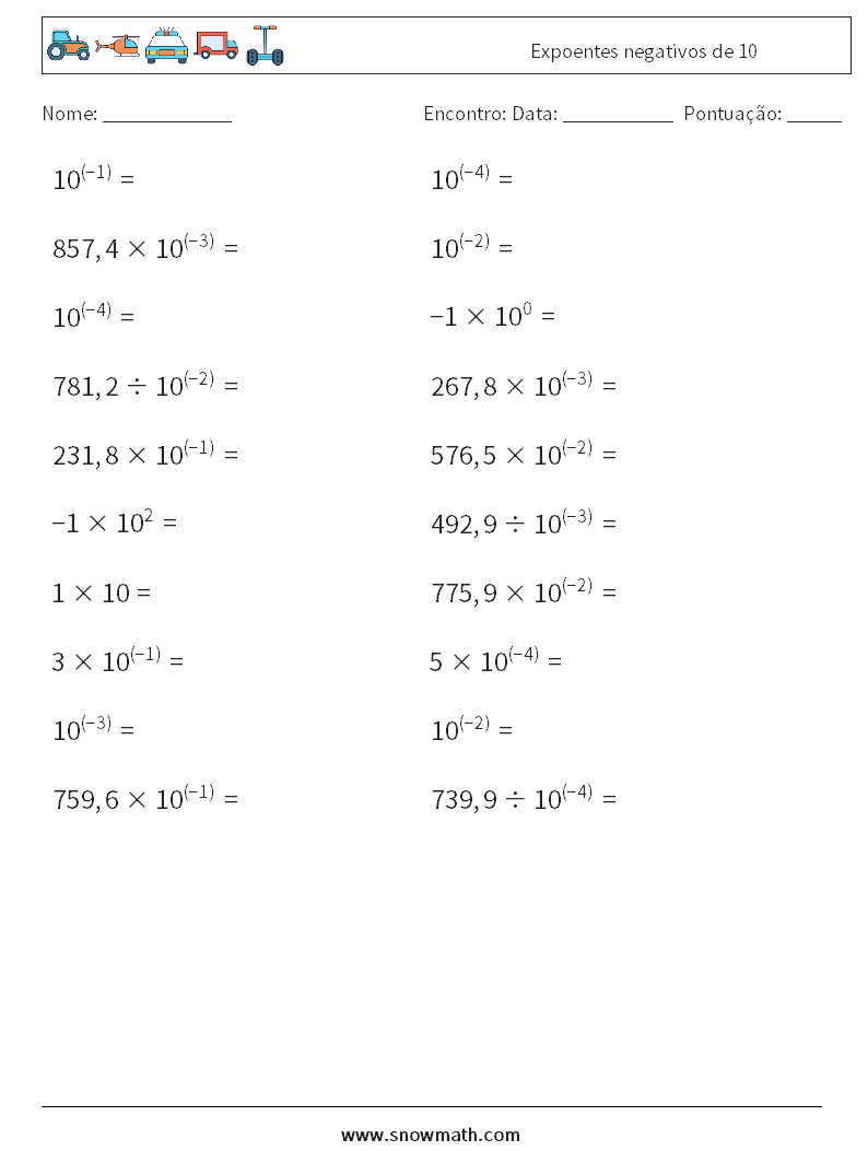 Expoentes negativos de 10 planilhas matemáticas 7