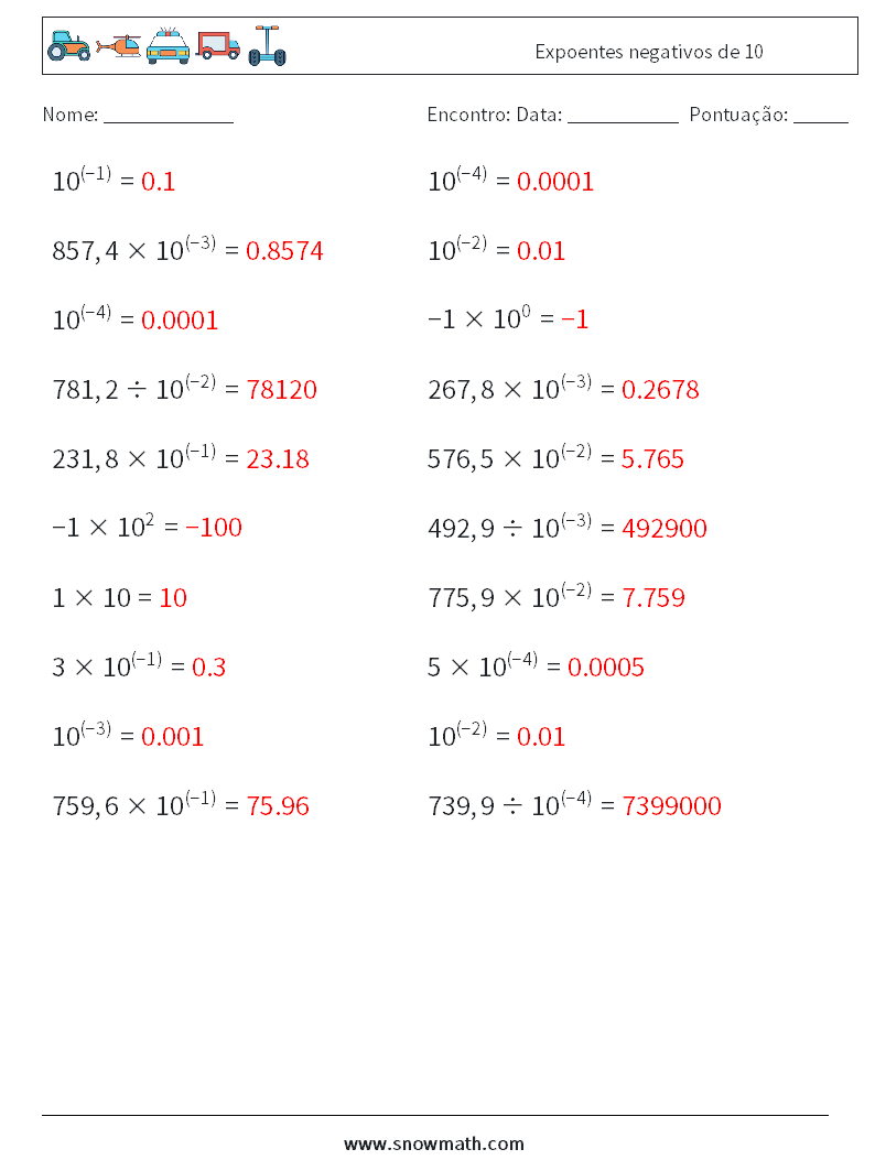 Expoentes negativos de 10 planilhas matemáticas 7 Pergunta, Resposta