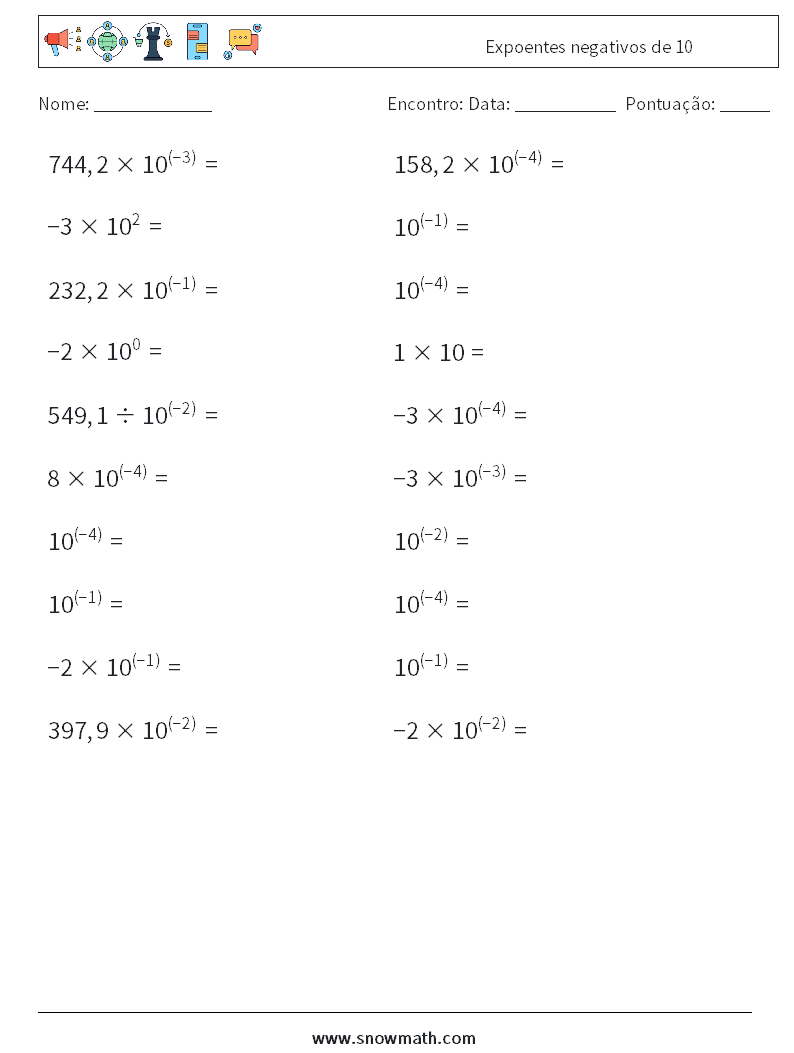 Expoentes negativos de 10 planilhas matemáticas 8