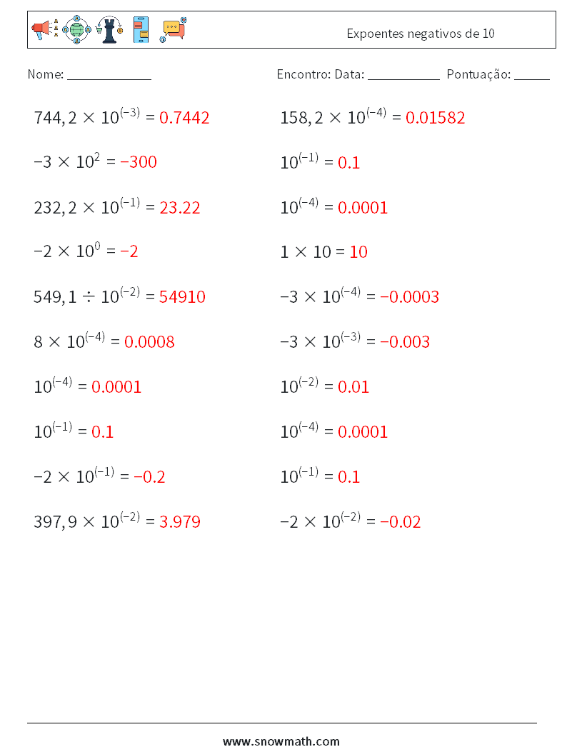 Expoentes negativos de 10 planilhas matemáticas 8 Pergunta, Resposta