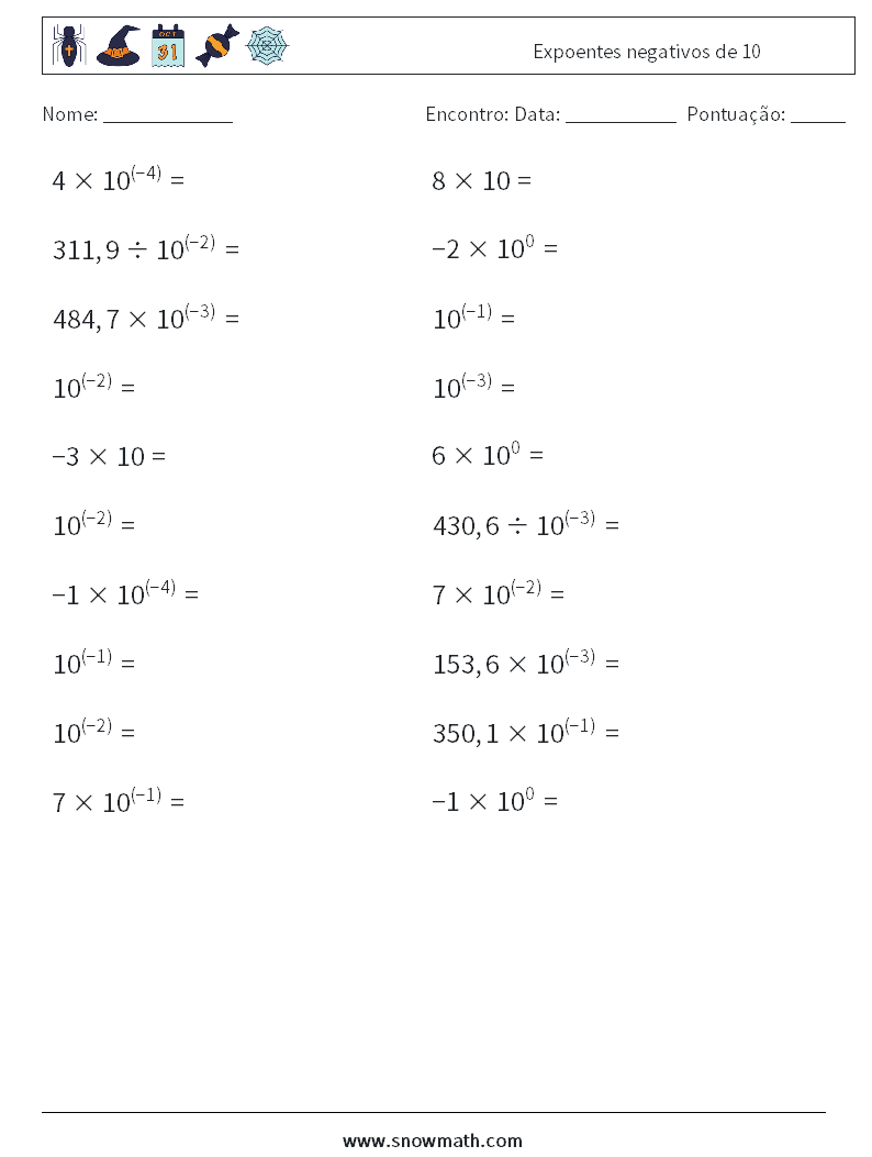 Expoentes negativos de 10 planilhas matemáticas 9