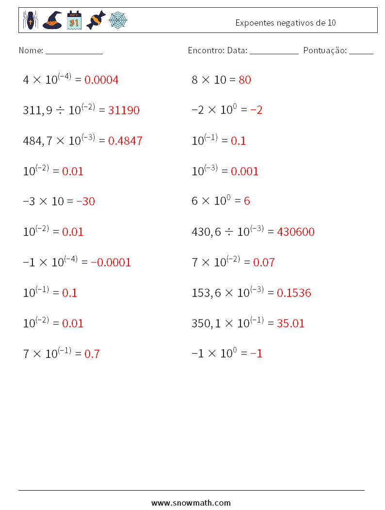 Expoentes negativos de 10 planilhas matemáticas 9 Pergunta, Resposta