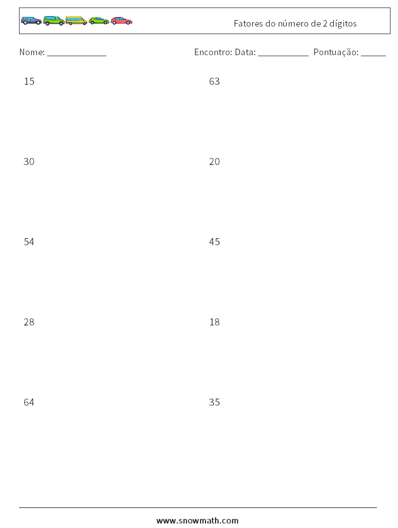 Fatores do número de 2 dígitos planilhas matemáticas 1