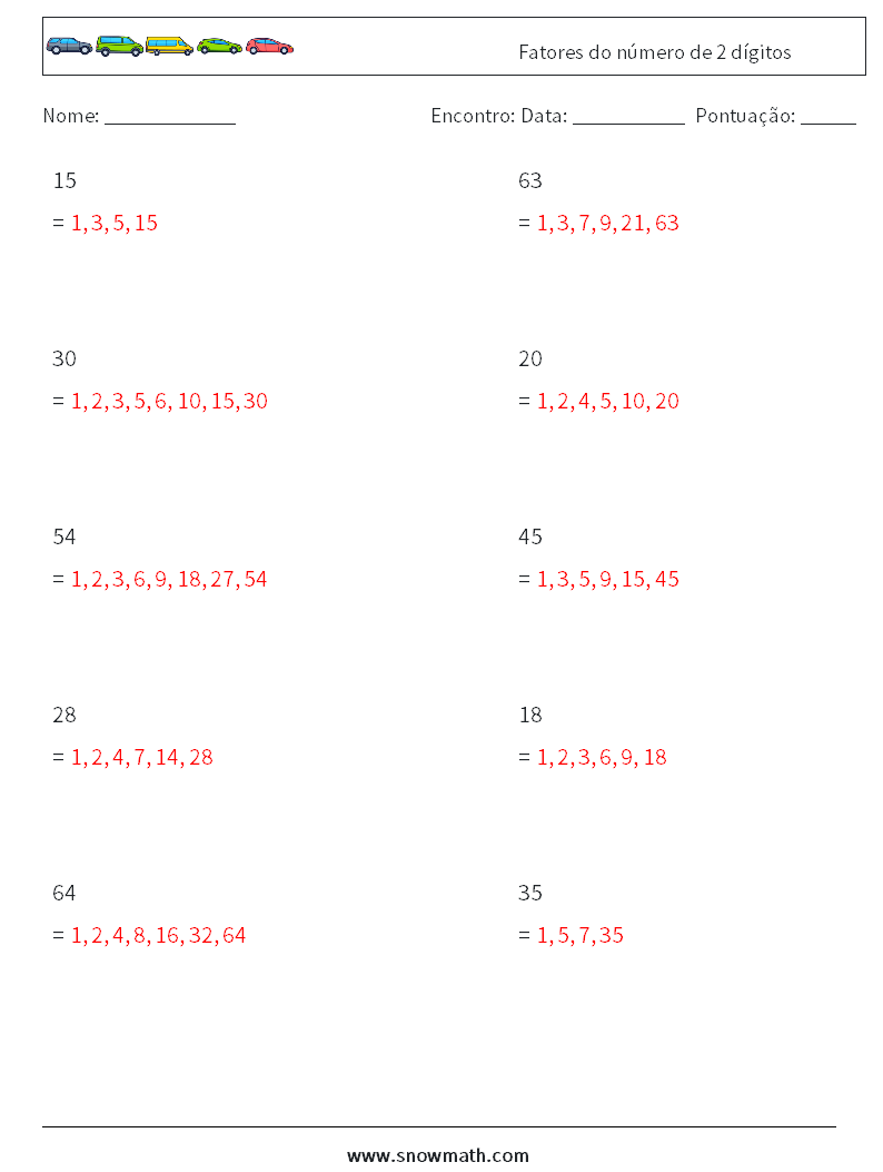 Fatores do número de 2 dígitos planilhas matemáticas 1 Pergunta, Resposta