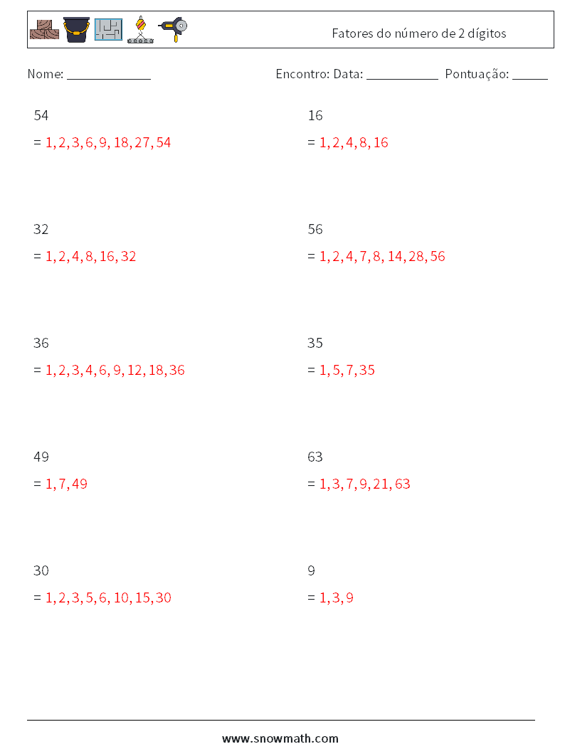 Fatores do número de 2 dígitos planilhas matemáticas 3 Pergunta, Resposta