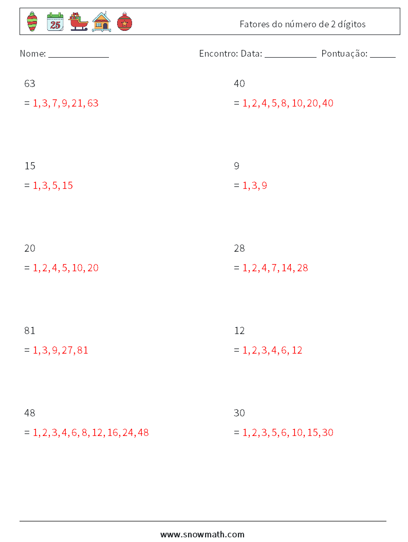 Fatores do número de 2 dígitos planilhas matemáticas 6 Pergunta, Resposta