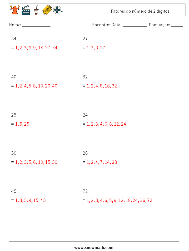 Fatores do número de 2 dígitos planilhas matemáticas 7 Pergunta, Resposta