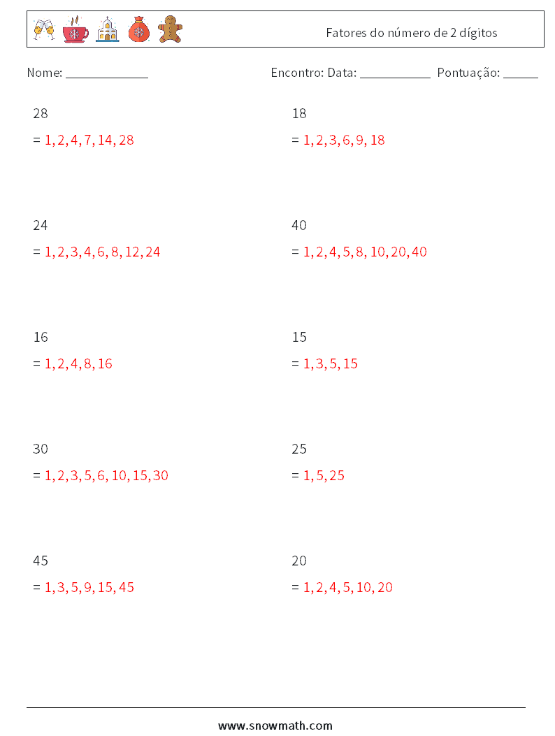 Fatores do número de 2 dígitos planilhas matemáticas 8 Pergunta, Resposta