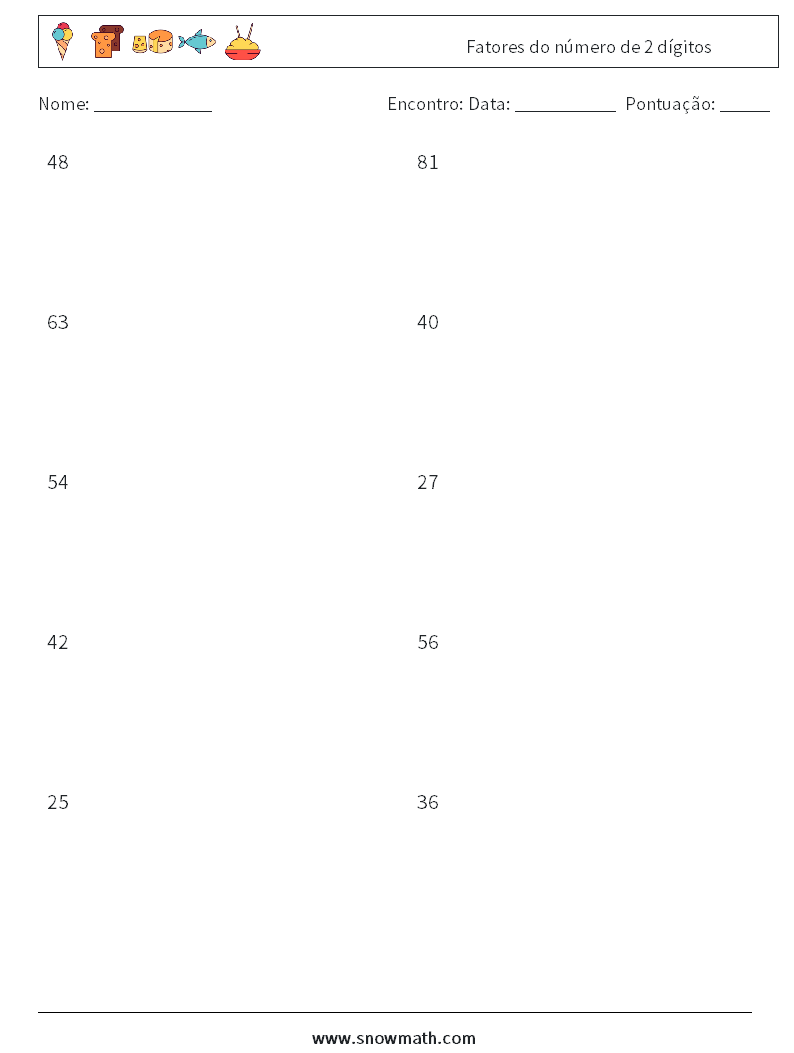 Fatores do número de 2 dígitos planilhas matemáticas 9