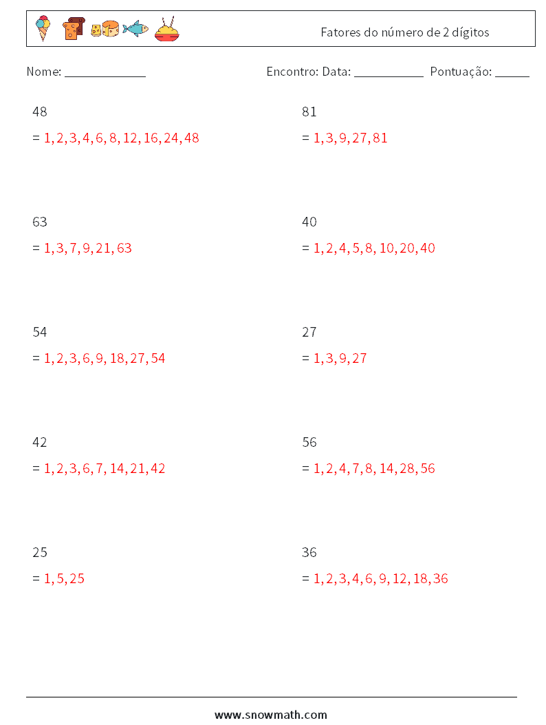 Fatores do número de 2 dígitos planilhas matemáticas 9 Pergunta, Resposta