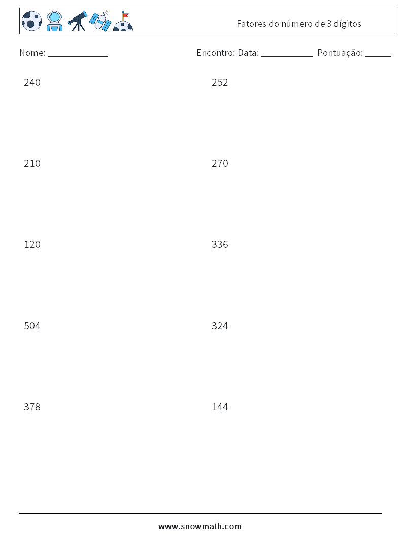 Fatores do número de 3 dígitos planilhas matemáticas 1