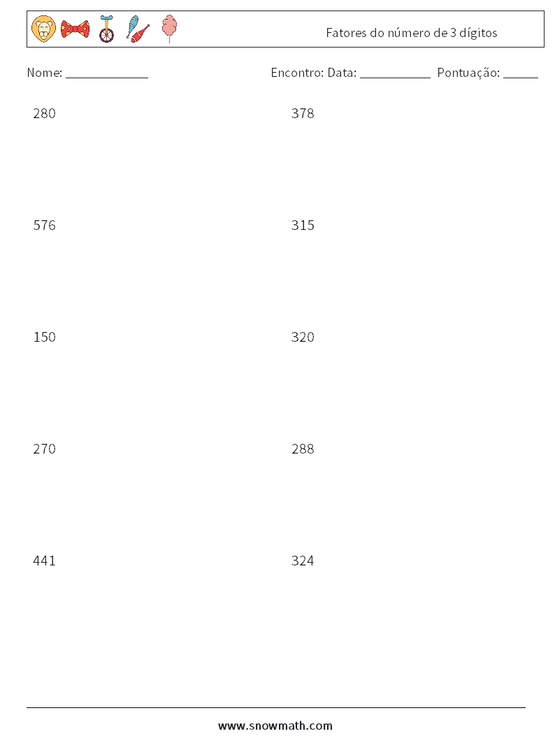Fatores do número de 3 dígitos planilhas matemáticas 7