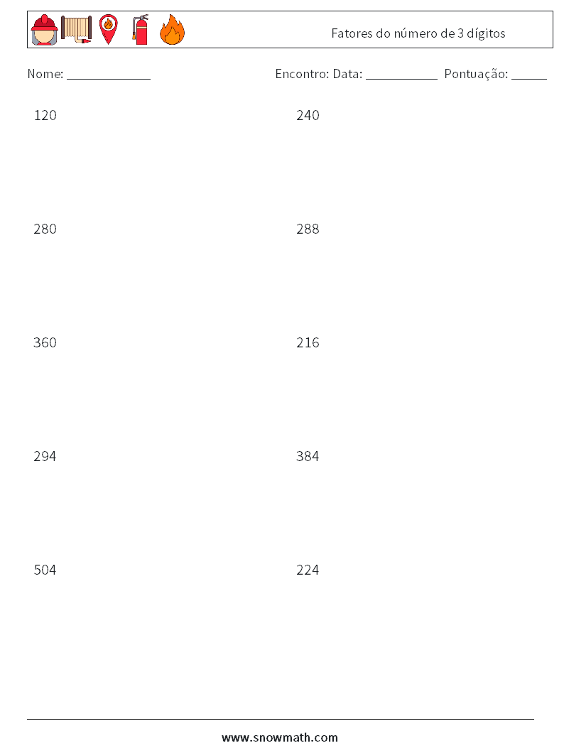 Fatores do número de 3 dígitos planilhas matemáticas 8