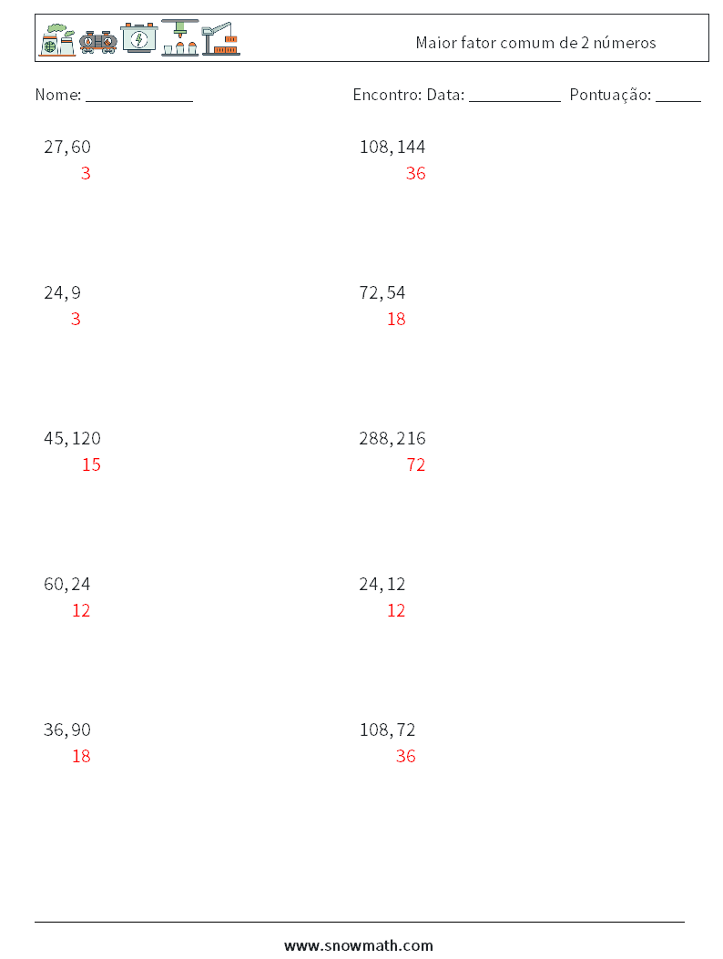 Maior fator comum de 2 números planilhas matemáticas 2 Pergunta, Resposta