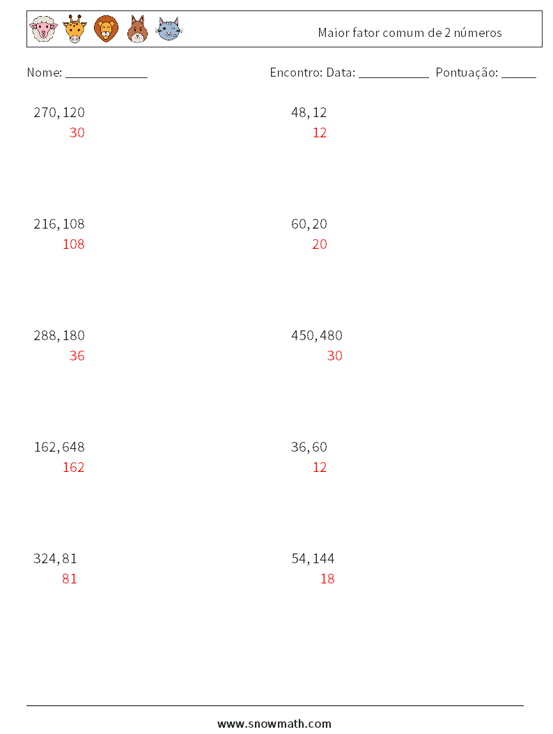 Maior fator comum de 2 números planilhas matemáticas 5 Pergunta, Resposta