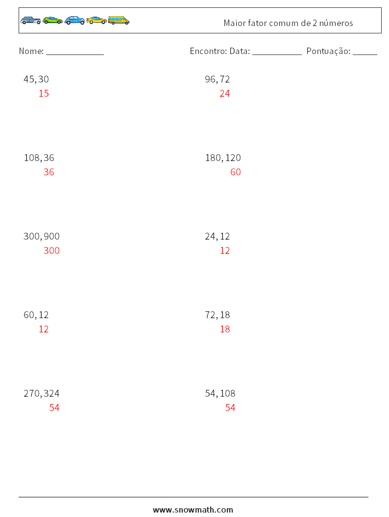 Maior fator comum de 2 números planilhas matemáticas 9 Pergunta, Resposta