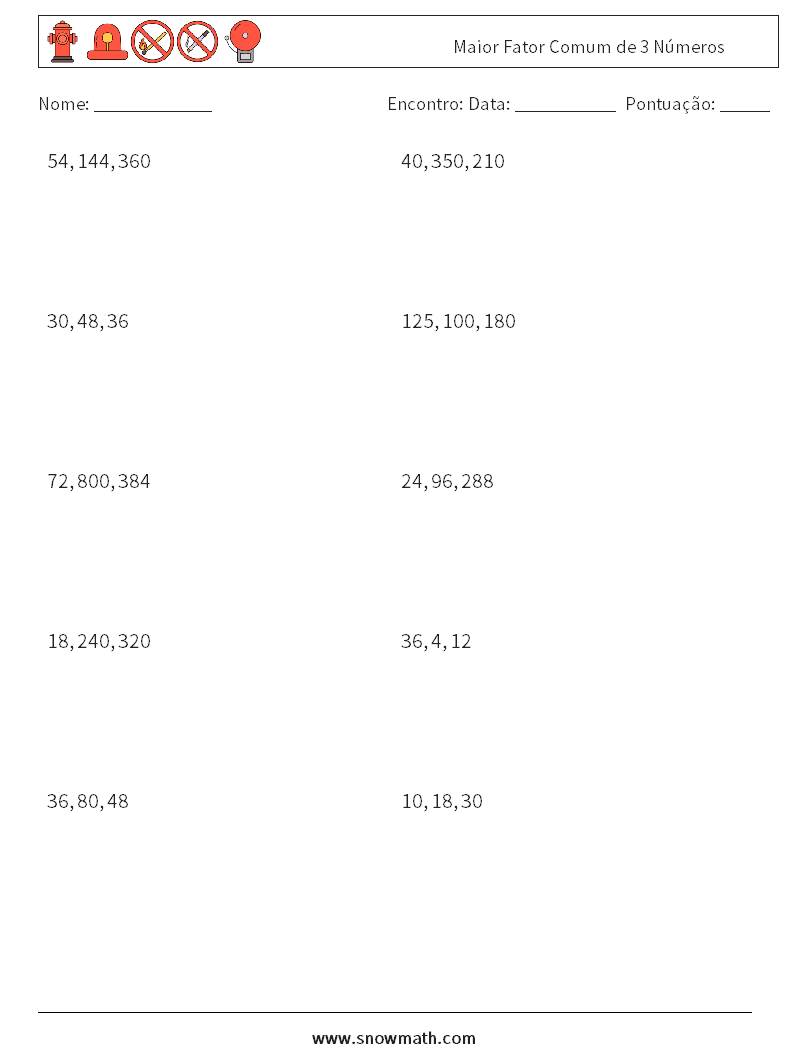 Maior Fator Comum de 3 Números planilhas matemáticas 1