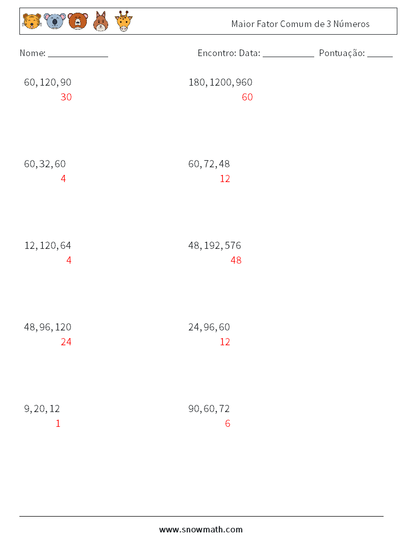 Maior Fator Comum de 3 Números planilhas matemáticas 2 Pergunta, Resposta