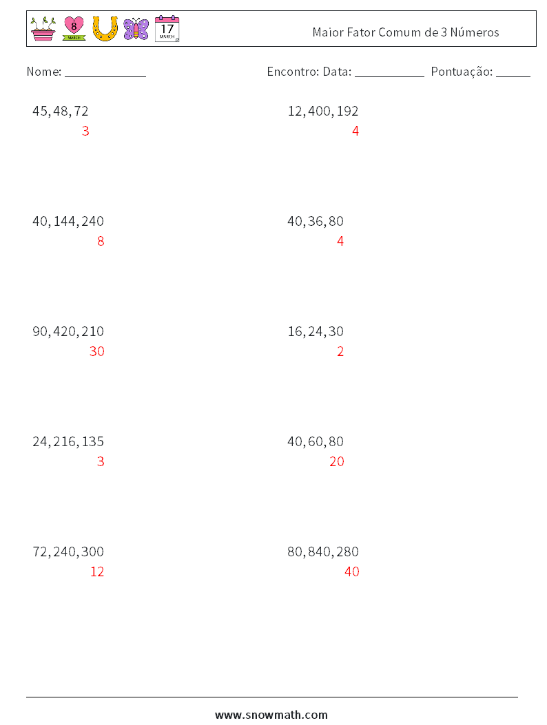 Maior Fator Comum de 3 Números planilhas matemáticas 3 Pergunta, Resposta