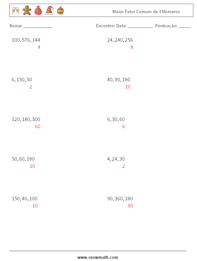 Maior Fator Comum de 3 Números planilhas matemáticas 4 Pergunta, Resposta