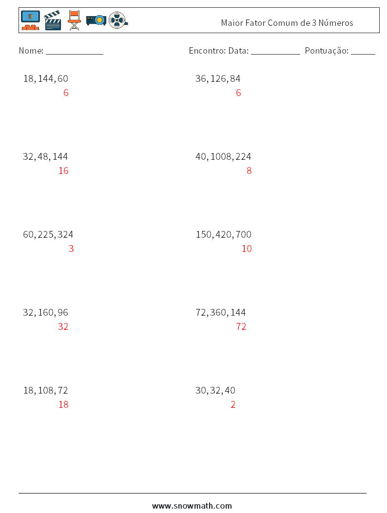 Maior Fator Comum de 3 Números planilhas matemáticas 5 Pergunta, Resposta