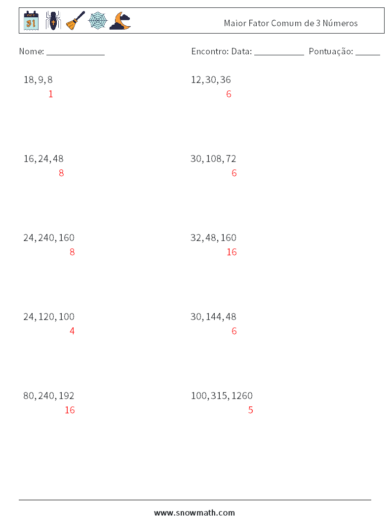 Maior Fator Comum de 3 Números planilhas matemáticas 6 Pergunta, Resposta