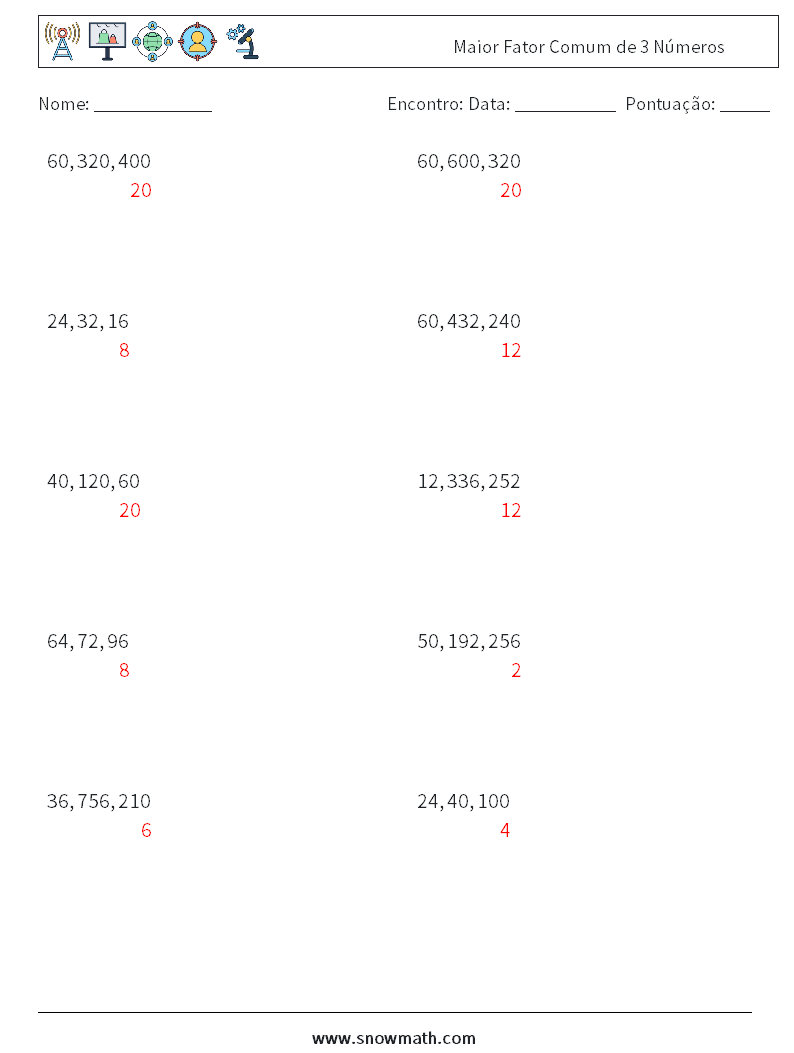 Maior Fator Comum de 3 Números planilhas matemáticas 7 Pergunta, Resposta