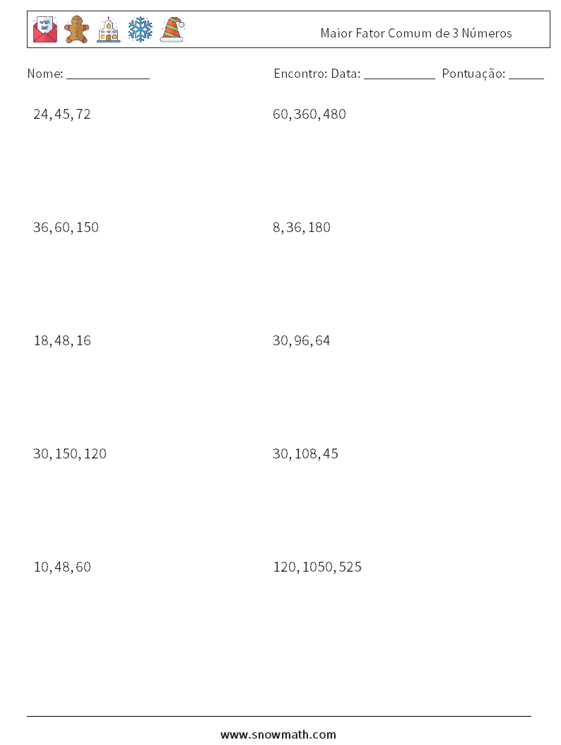 Maior Fator Comum de 3 Números planilhas matemáticas 8