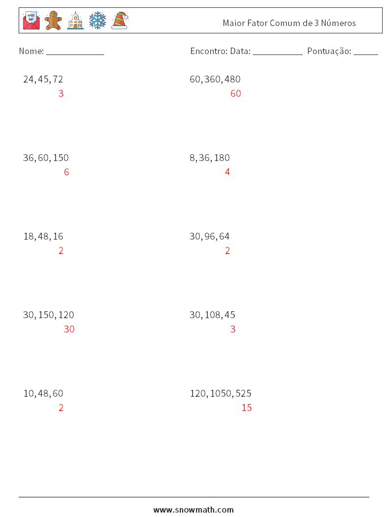 Maior Fator Comum de 3 Números planilhas matemáticas 8 Pergunta, Resposta