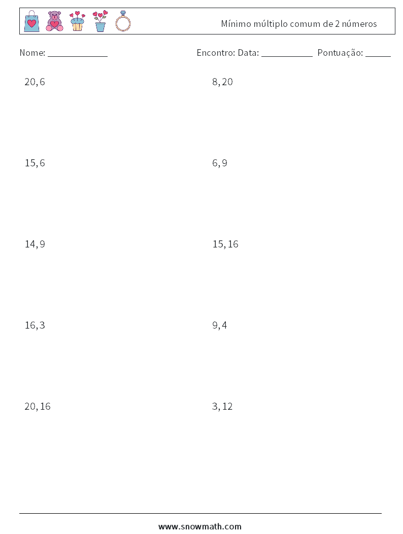 Mínimo múltiplo comum de 2 números planilhas matemáticas 1