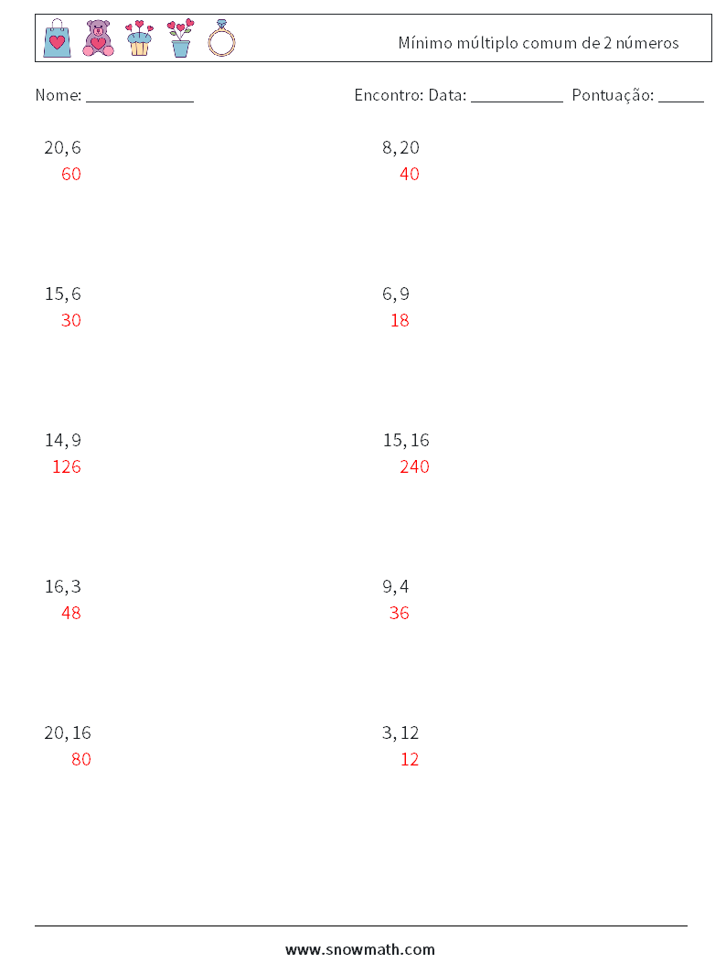 Mínimo múltiplo comum de 2 números planilhas matemáticas 1 Pergunta, Resposta