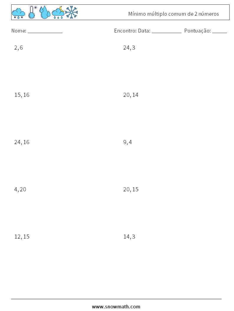 Mínimo múltiplo comum de 2 números planilhas matemáticas 3