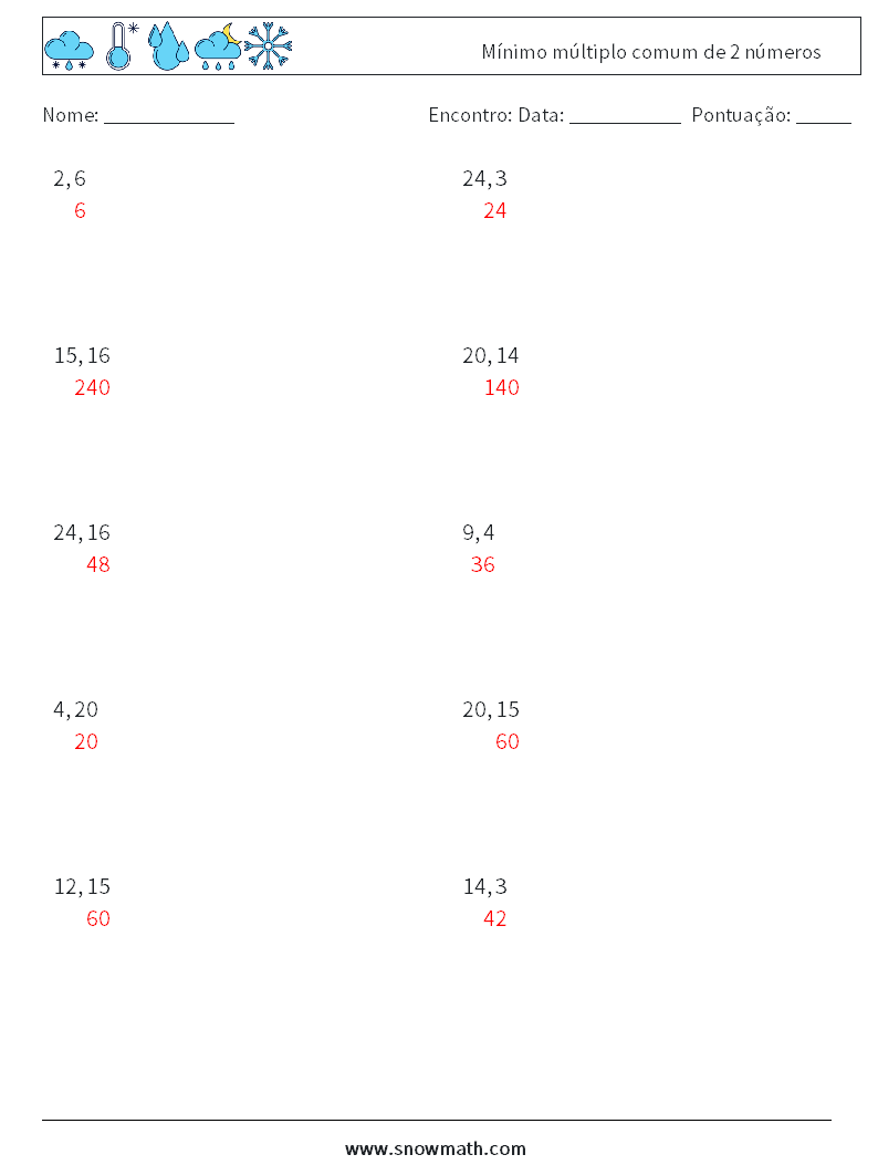 Mínimo múltiplo comum de 2 números planilhas matemáticas 3 Pergunta, Resposta