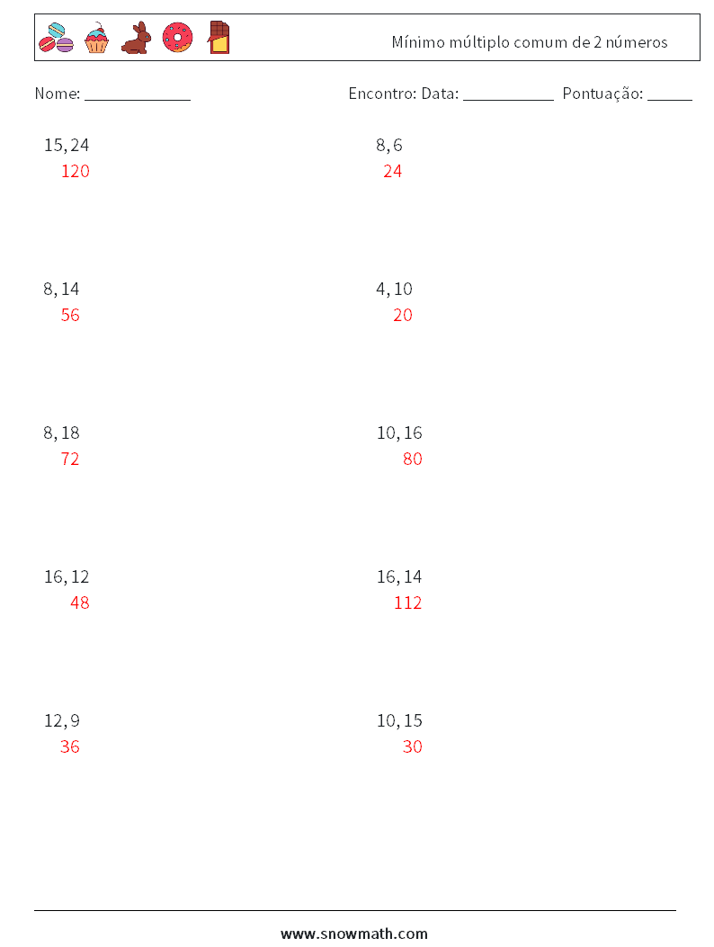 Mínimo múltiplo comum de 2 números planilhas matemáticas 4 Pergunta, Resposta