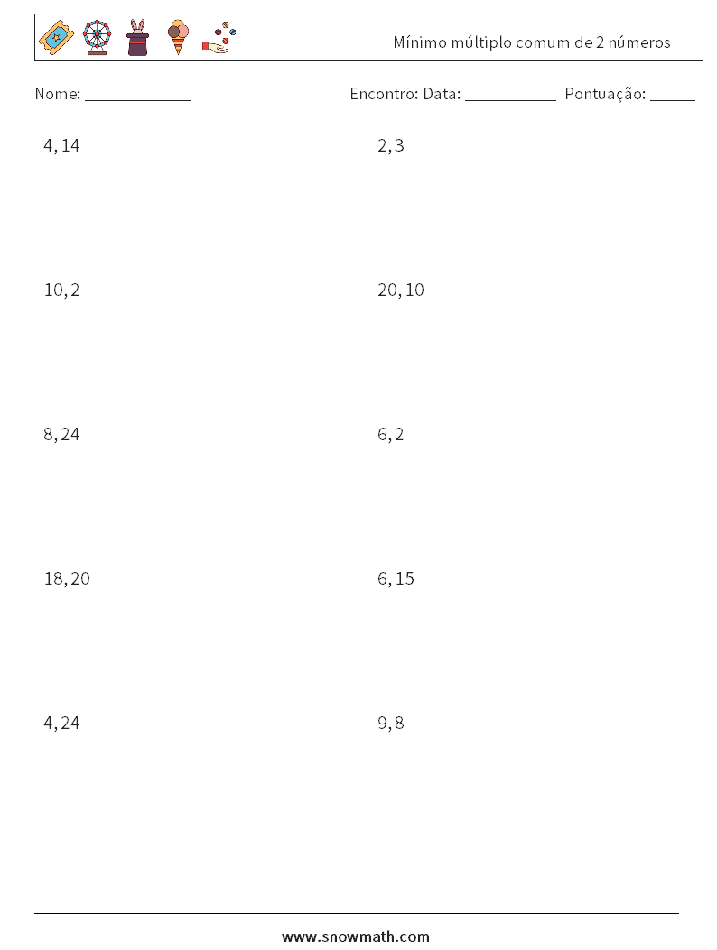 Mínimo múltiplo comum de 2 números planilhas matemáticas 5