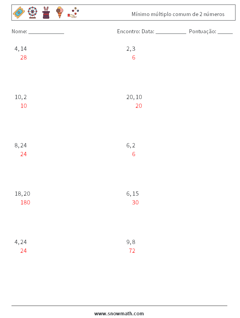 Mínimo múltiplo comum de 2 números planilhas matemáticas 5 Pergunta, Resposta