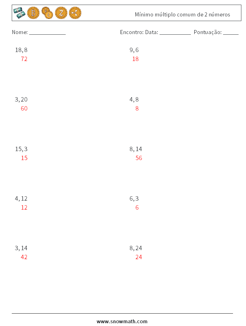 Mínimo múltiplo comum de 2 números planilhas matemáticas 6 Pergunta, Resposta