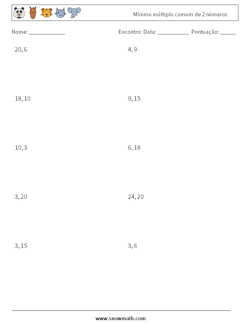 Mínimo múltiplo comum de 2 números planilhas matemáticas 7