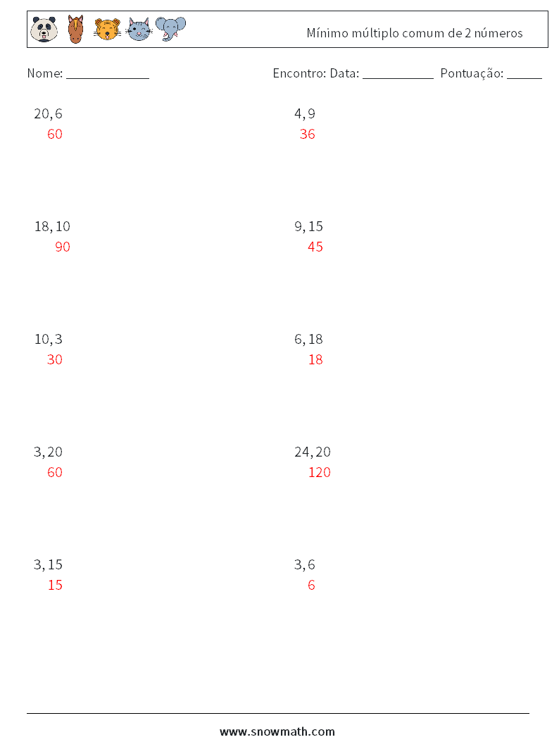 Mínimo múltiplo comum de 2 números planilhas matemáticas 7 Pergunta, Resposta