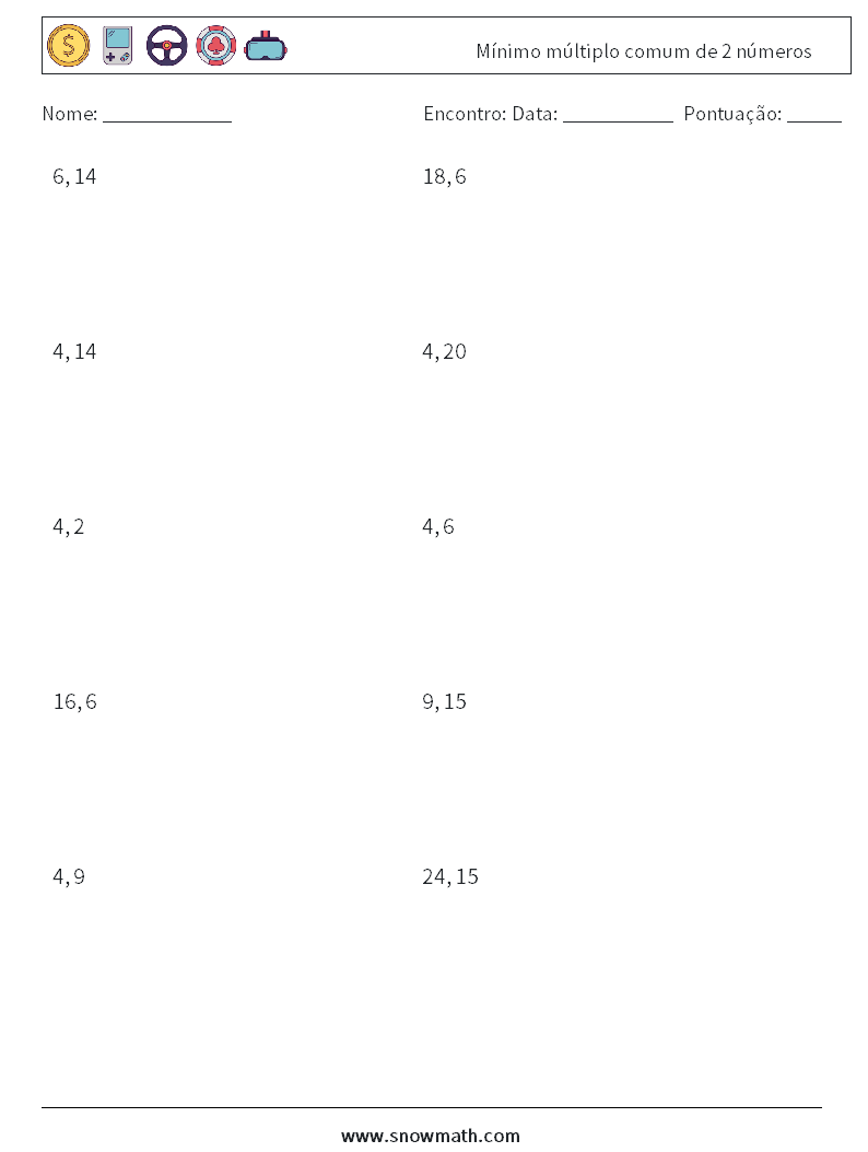 Mínimo múltiplo comum de 2 números planilhas matemáticas 8