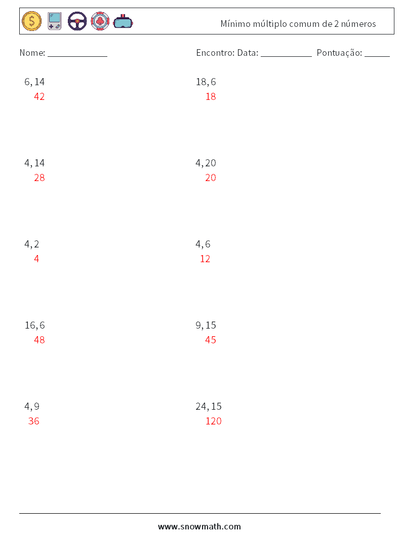 Mínimo múltiplo comum de 2 números planilhas matemáticas 8 Pergunta, Resposta