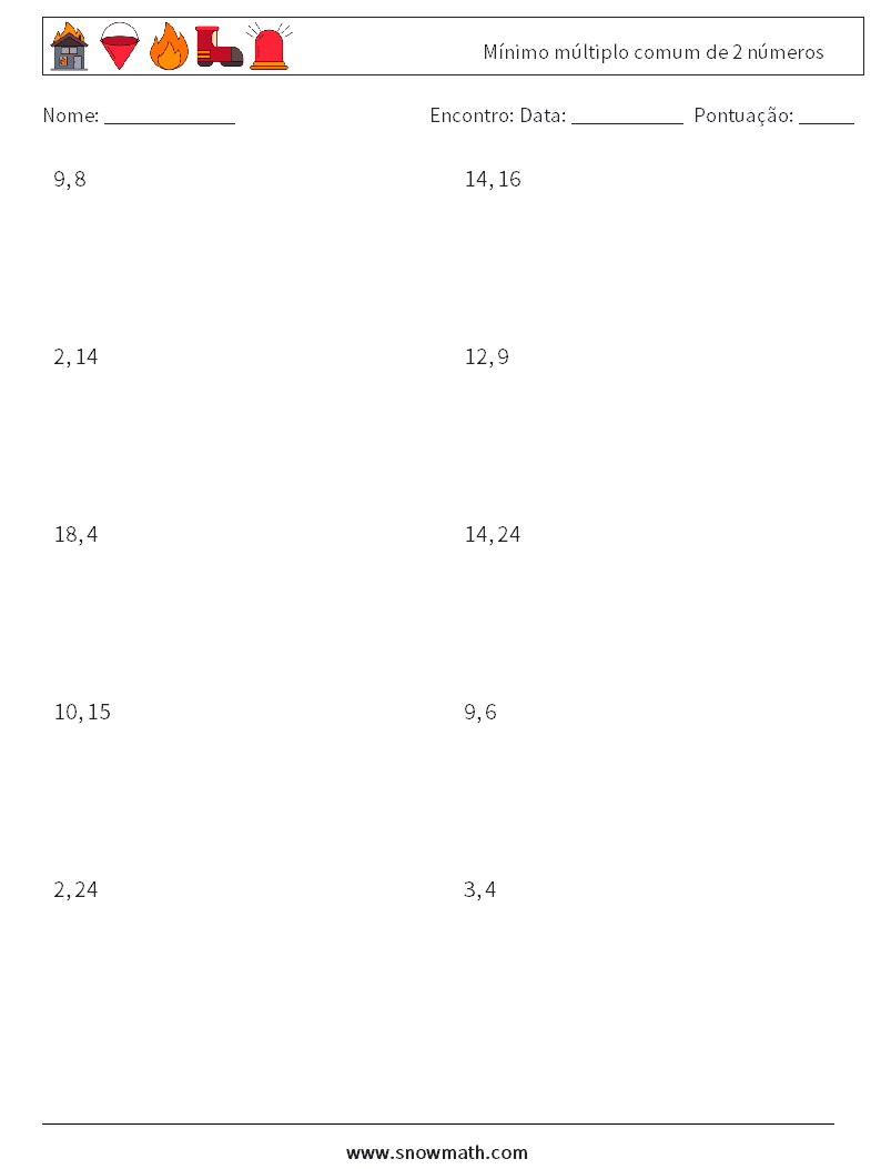 Mínimo múltiplo comum de 2 números planilhas matemáticas 9