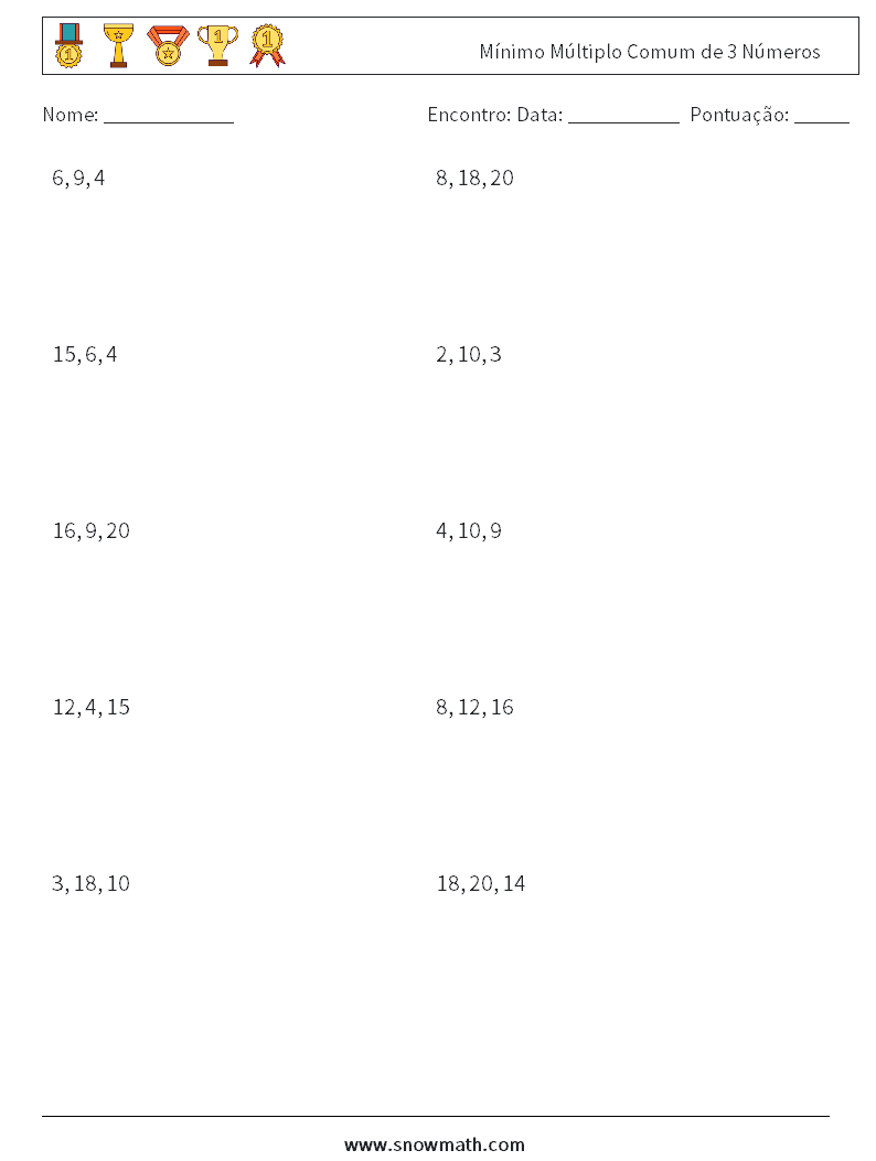 Mínimo Múltiplo Comum de 3 Números planilhas matemáticas 1